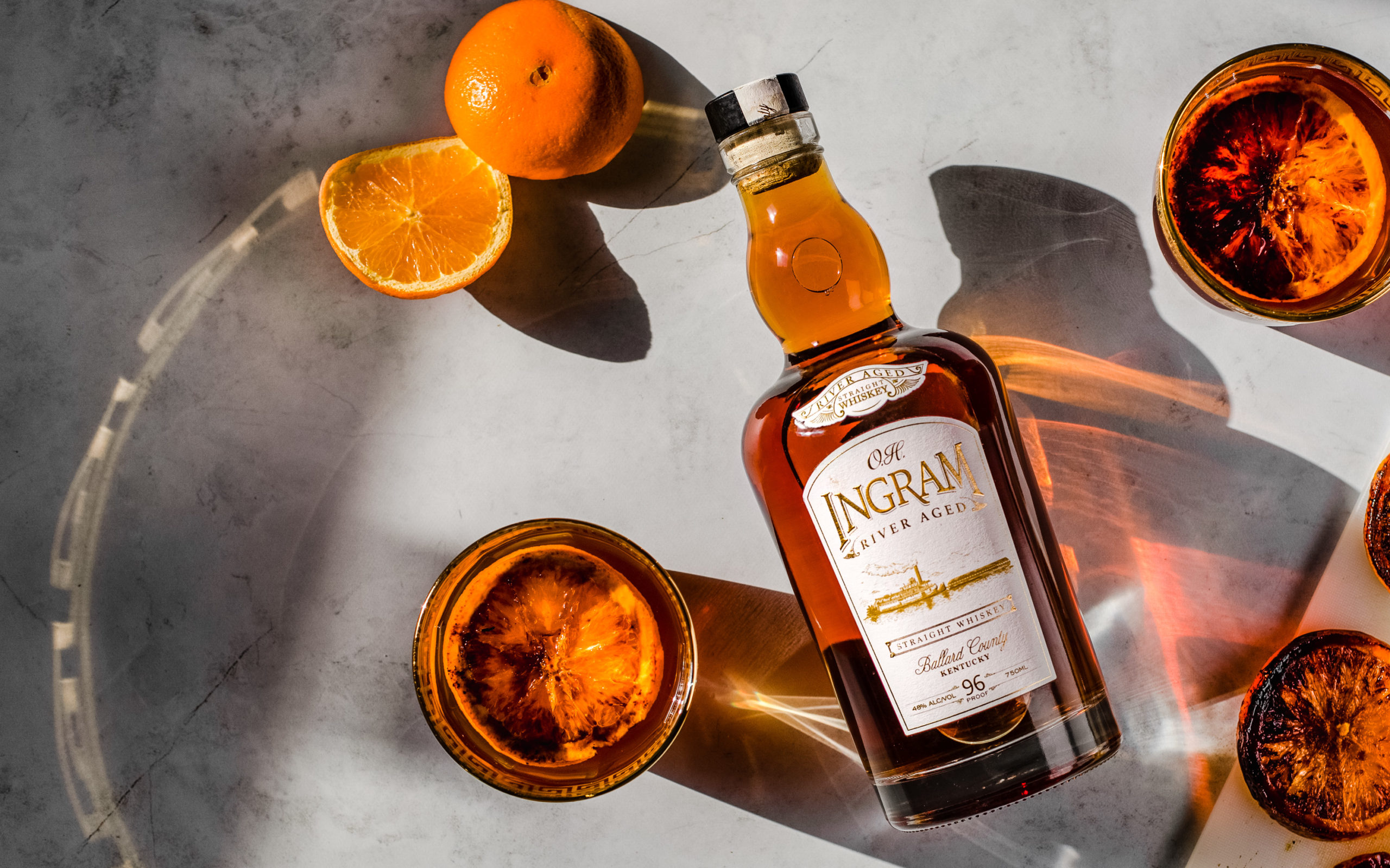 O.H Ingram River Aged Straight Whiskey - Ariel Beauty Shot - Orange Peel - White Label